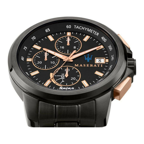 Dettaglio del quadrante sunray nero dell’orologio Maserati R8873645001