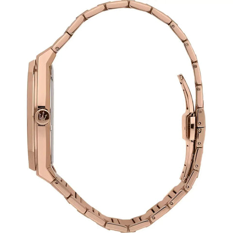 Vista laterale della cassa dell’orologio Maserati R8873642007 in acciaio PVD oro rosa