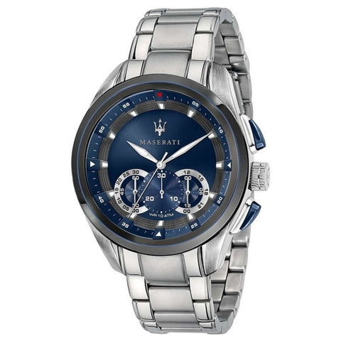 Vista frontale dell'orologio Maserati R8873612014 con quadrante blu e cassa in acciaio.